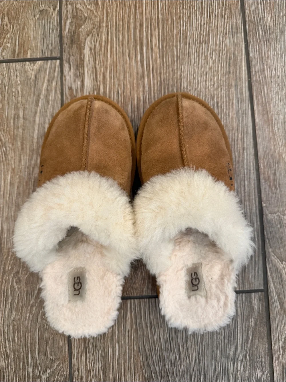 UGG Kids Chestnut Brown Suede Shearling Clog Slippers